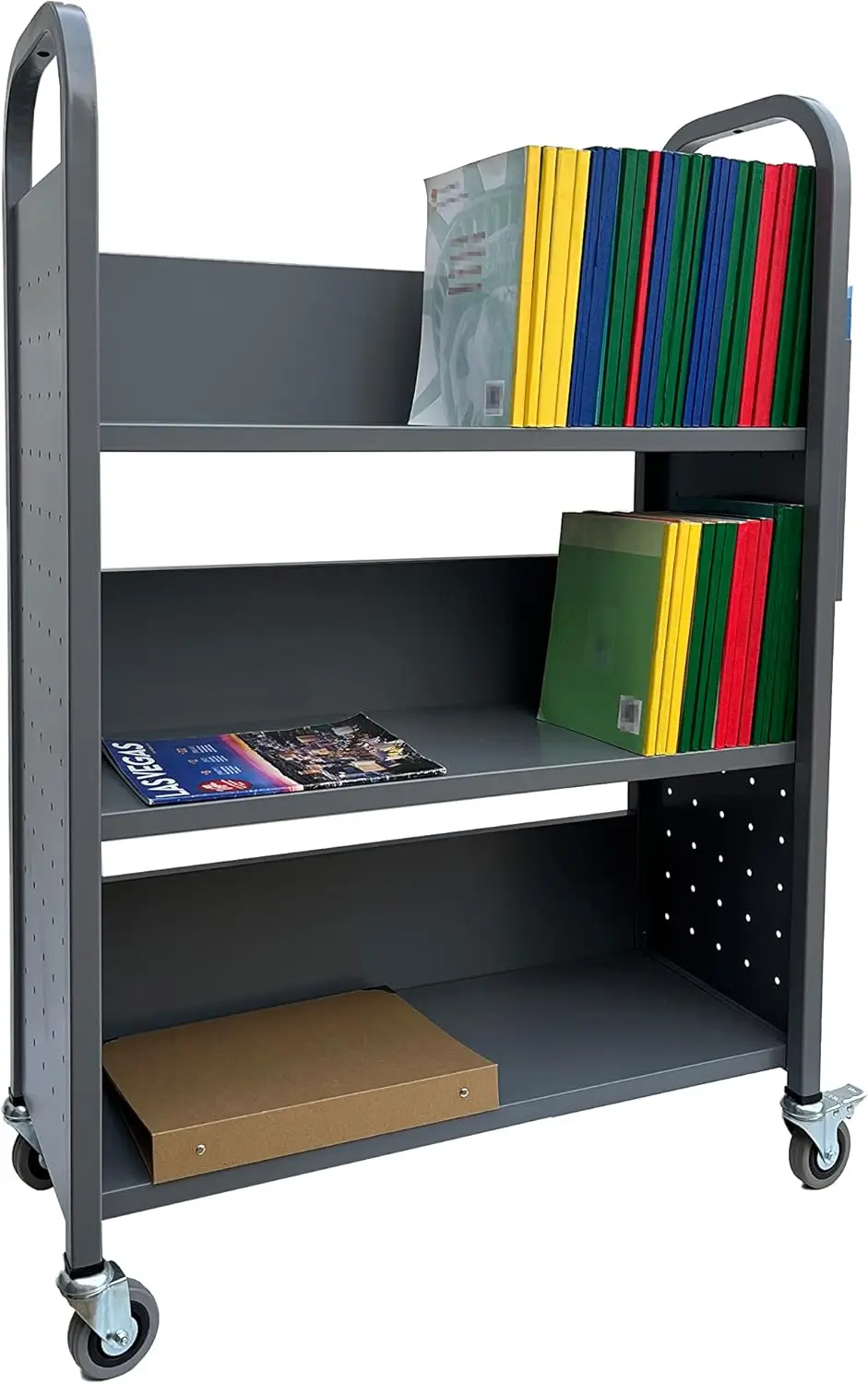 Rolling Book Truck Book Cart with 3 Flat Shelves, Library Book Cart with Swivel Lockable Casters 3001 Gray