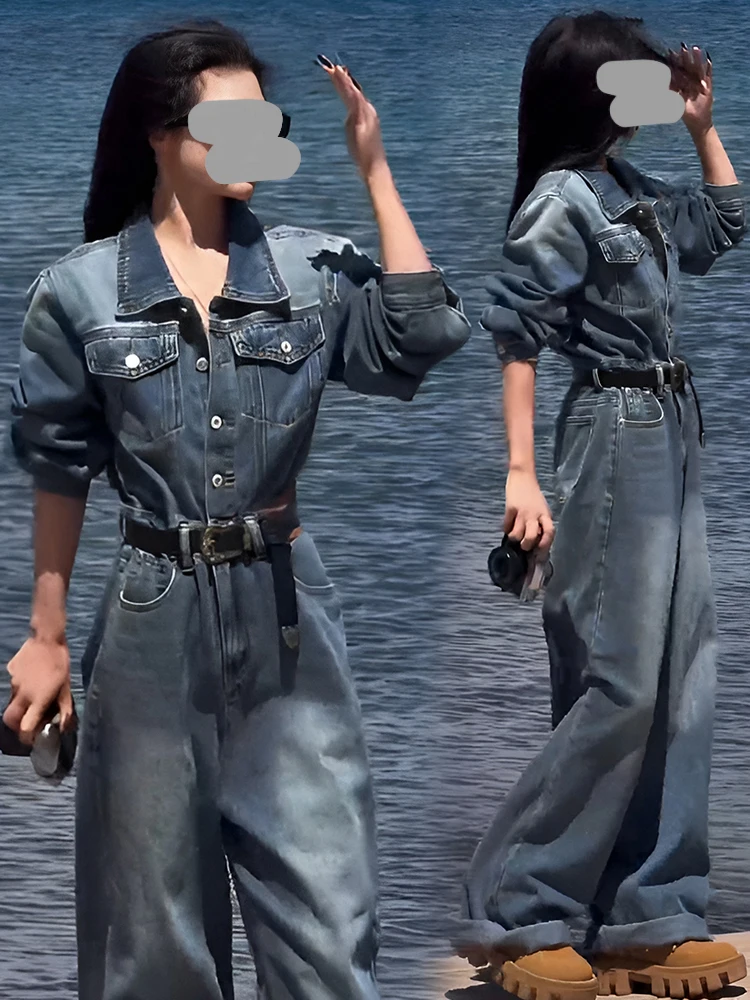 Damski zestaw ogrodniczek dżinsowych Ele na wiosnę i jesień, nowe, eleganckie spodnie z wysokim stanem i szerokimi nogawkami, wygodna odzież robocza, modne.