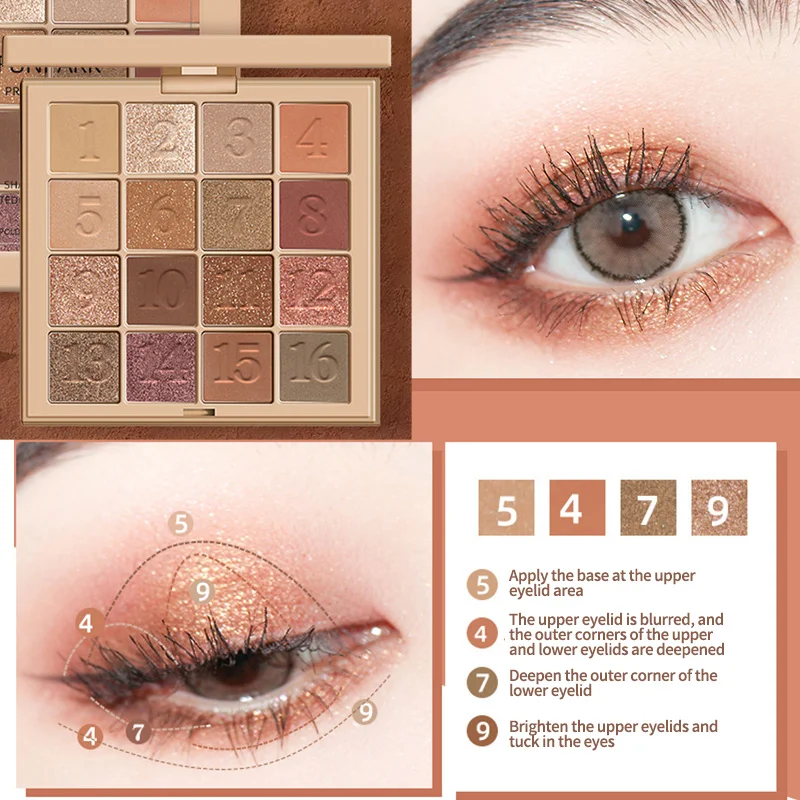 Paleta Cieni do Powiek 16 Kolorów z Brokatem, Połyskiem i Matowymi Wykończeniami Makijaż w Stylu Koreańskim Różowy Brązowy Nude Długotrwałe Cienie do Powiek