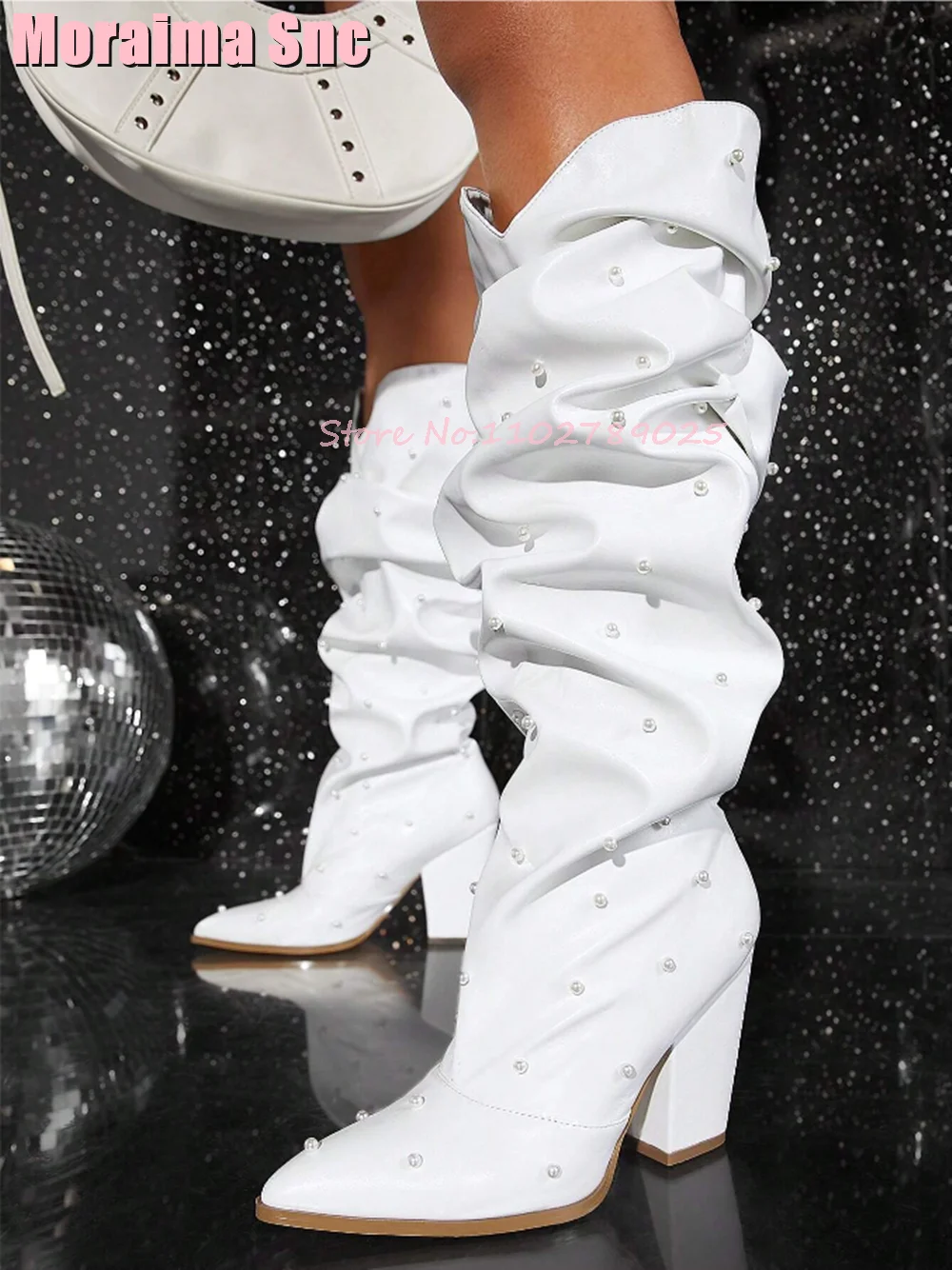 

Pearl Decor Pointed Toe Knee High Boots Block Chunky Heel Pleated Fashion New Women Long Winter Boots Slip On White Solid Runway