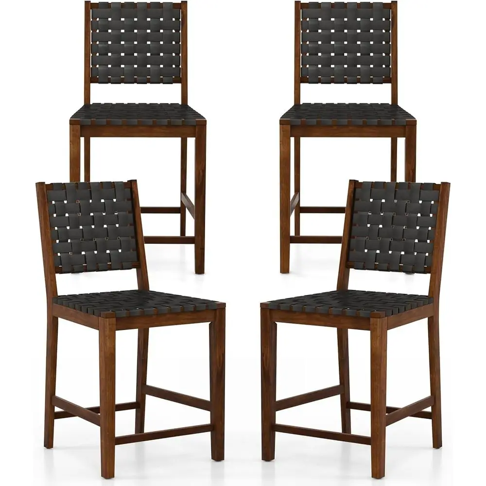 

Set of 4 24 Woven Counter Height Bar Stools with High Backrest, Footrest, and Armrests, Leather Barstools for Kitchen Island, Di