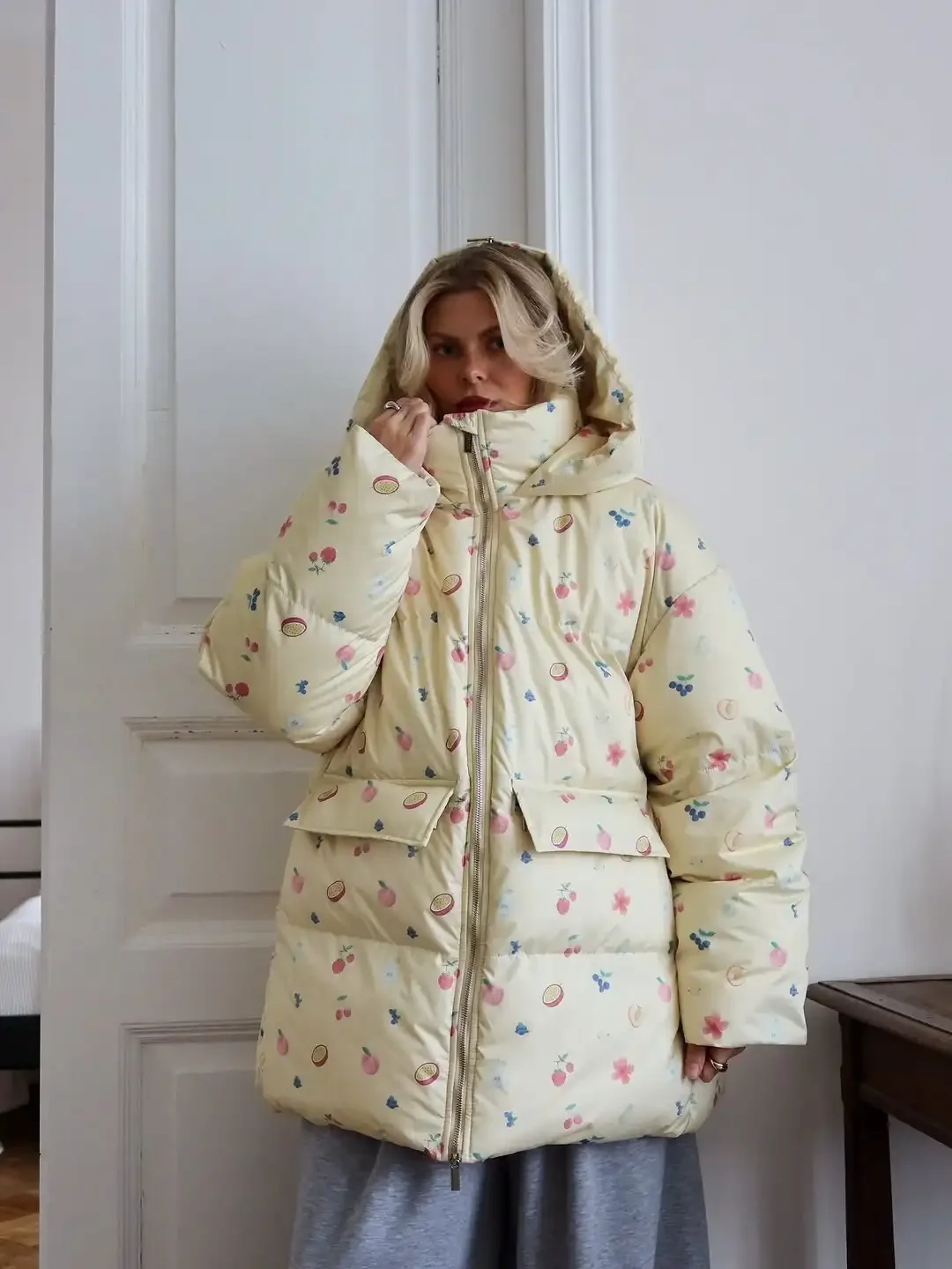 أنيقة سيدة مطبوعة مقنعين معطف القطن الوقوف طوق كم كامل جيب فضفاض دافئ ملابس خارجية النساء 2025 الشتاء اليومية تخفيف معاطف