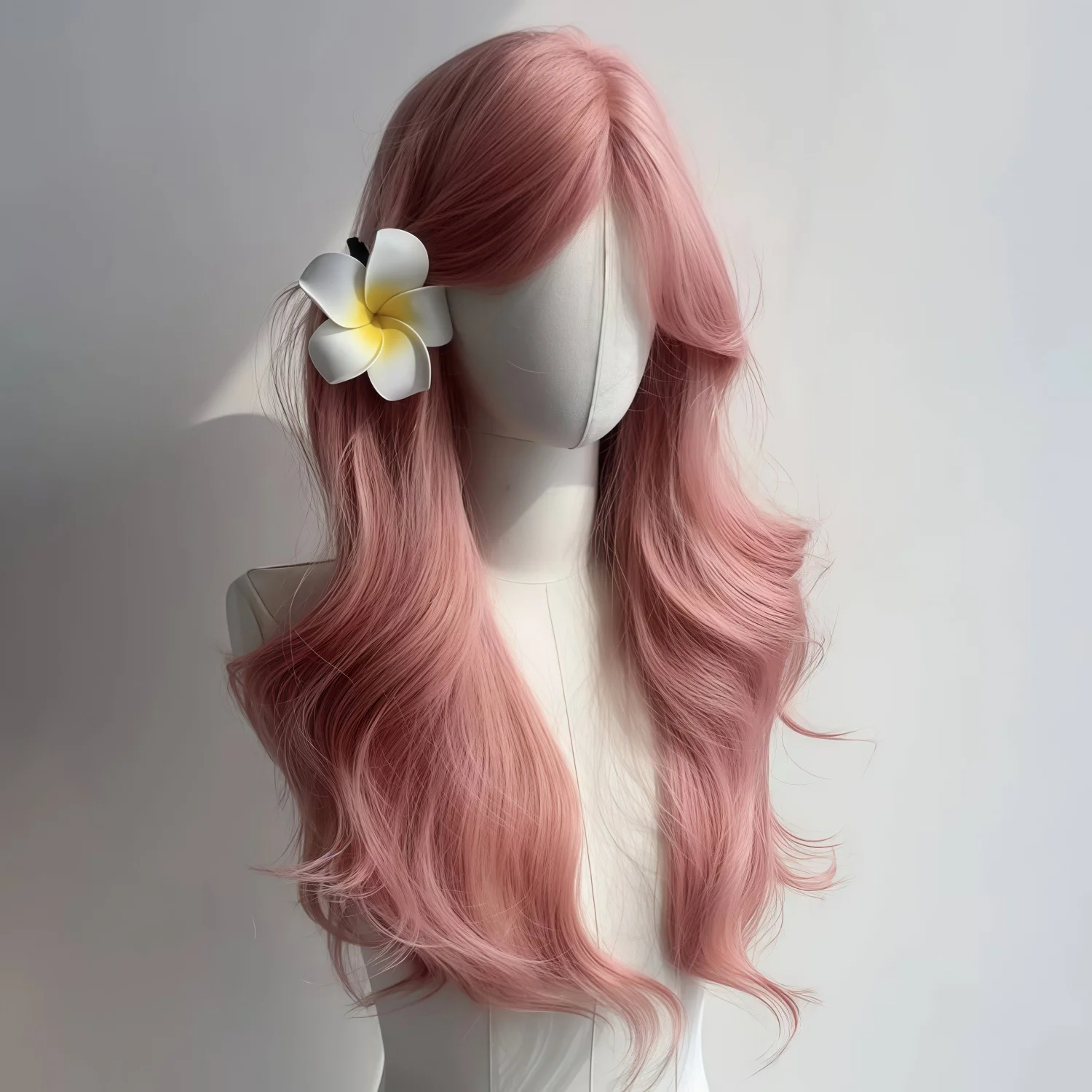 28-Inch Pink Long Curly Wig, Women's Dress-Up Synthetic Wig, Deep Pink Straight Bangs and Big Waves, Bright Color, Fashionable
