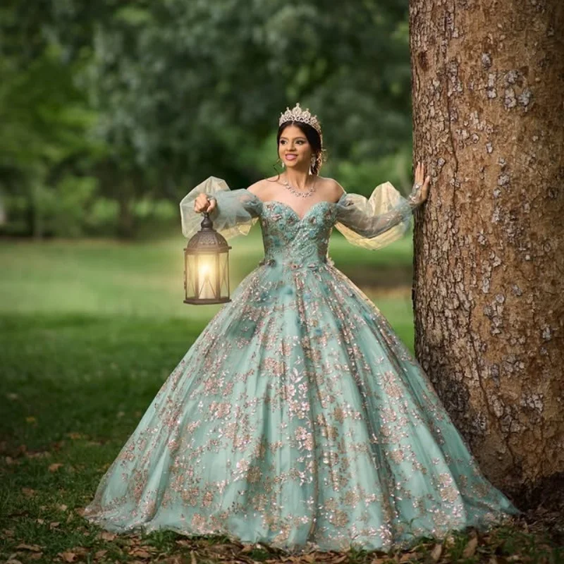 

Shiny Mint Green Quinceanera Dresses off-shoulder Glitter Crystal 3D Flower Decal Long tail Vestido De 15 Quinceanera Customize