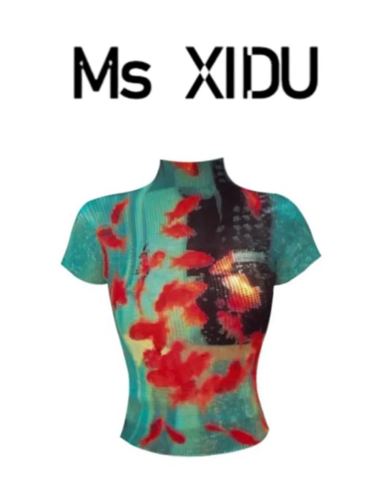 Ms XIDU Folded Goldfish Elastic Shirt Summer Dopaamine Trendy 2026 New Short Sleeve T-Shirt Commute Style Slim Fit Creative P...