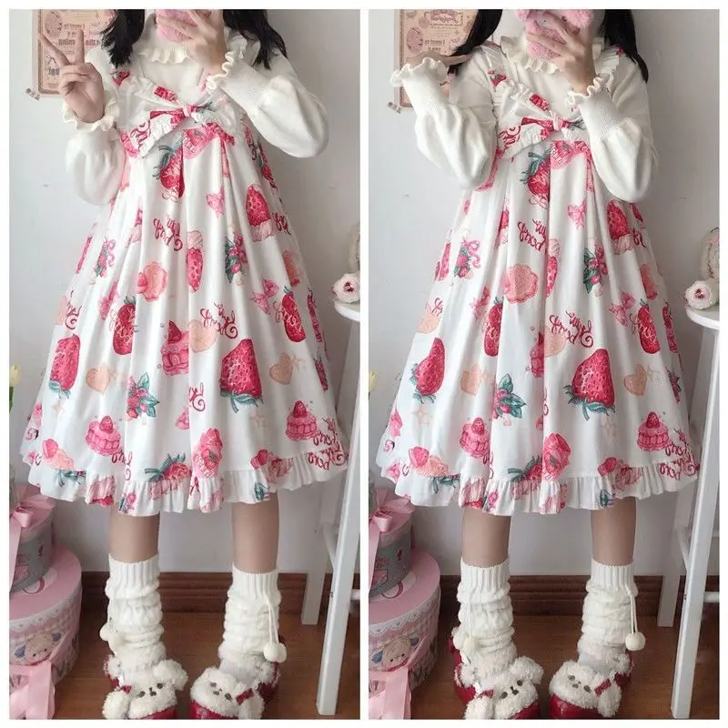 Lolita kleid süß niedlich japanisch kawaii damen party erdbeere jsk frauen ärmellose hosenträger cosplay платье лолита