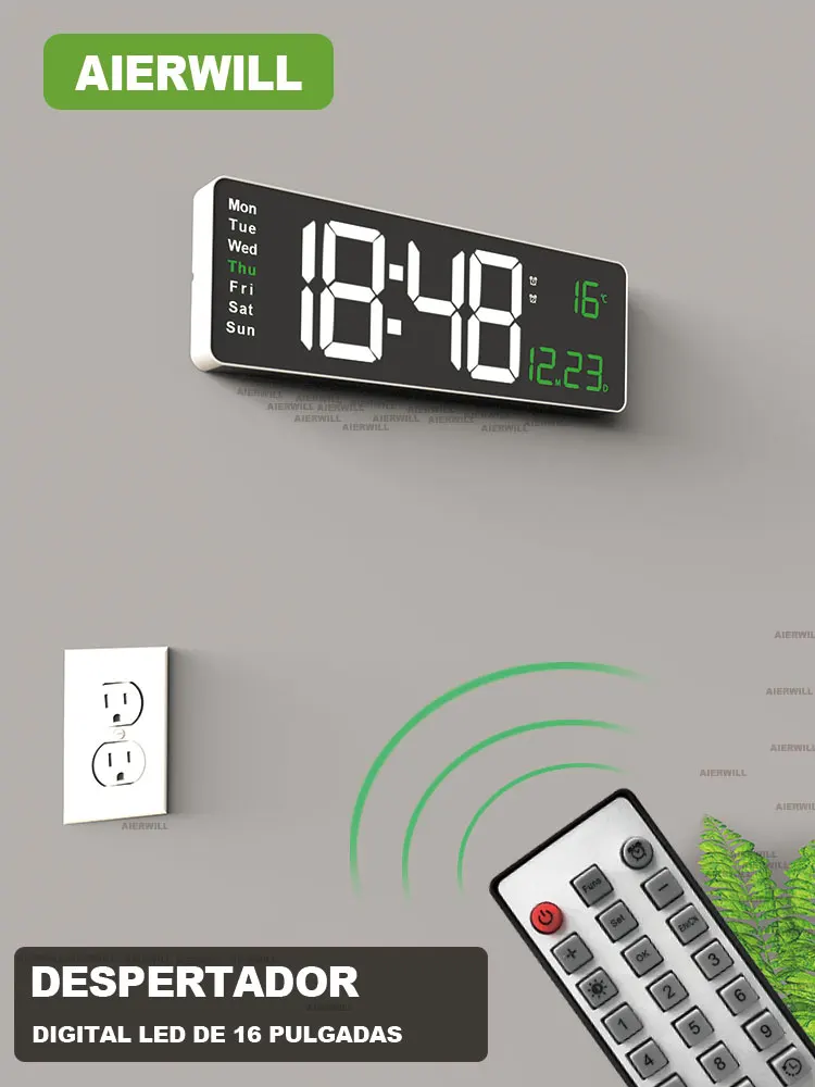 Reloj de pared Digital Aierwill N6, reloj despertador grande de 16 pulgadas, Control remoto, fecha, semana, reloj de temperatura, alarmas duales, reloj con pantalla LED