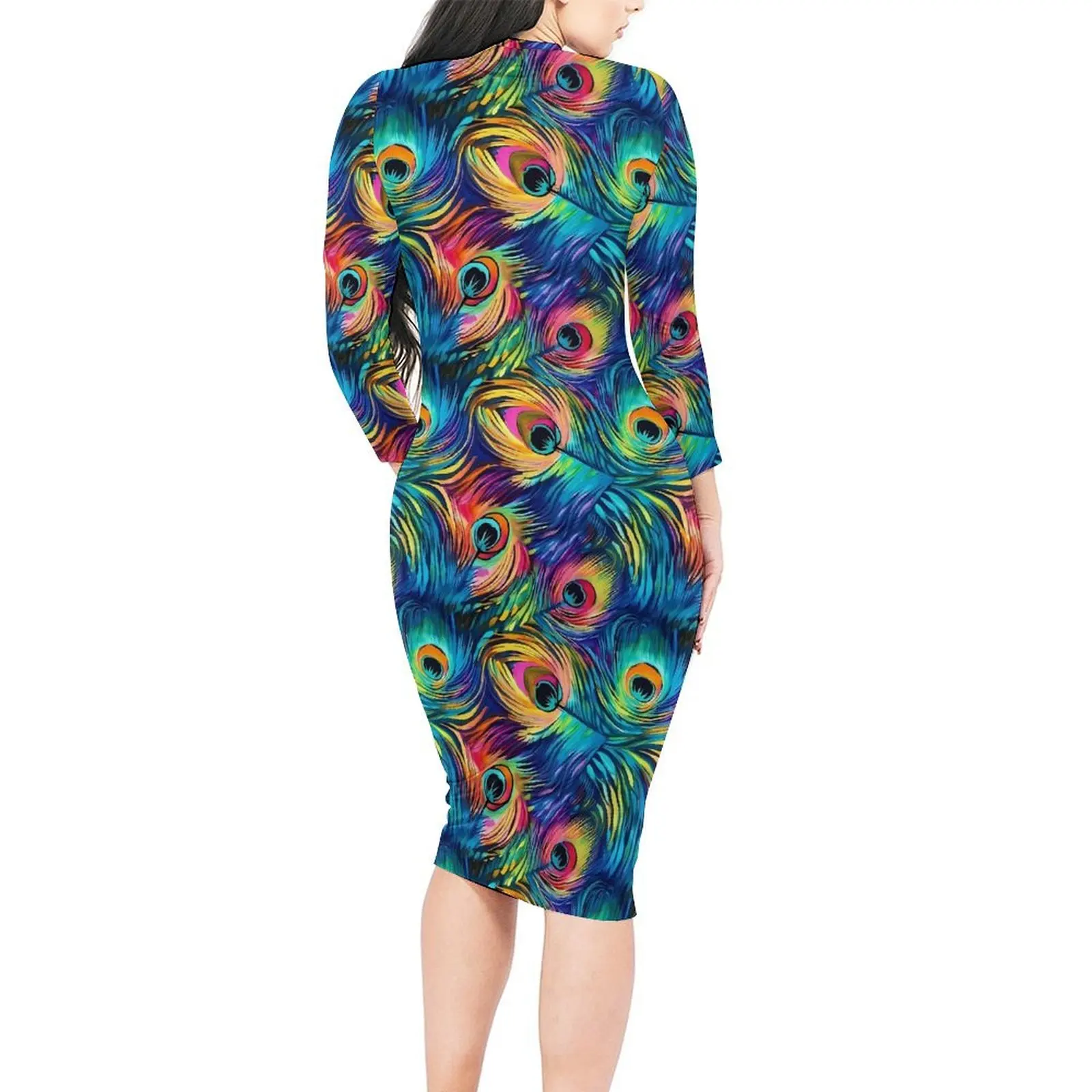 Rainbow Peacock Feather Dress Long Sleeve Animal Print Night Club Dresses Spring Ladies Streetwear Graphic Bodycon Dress