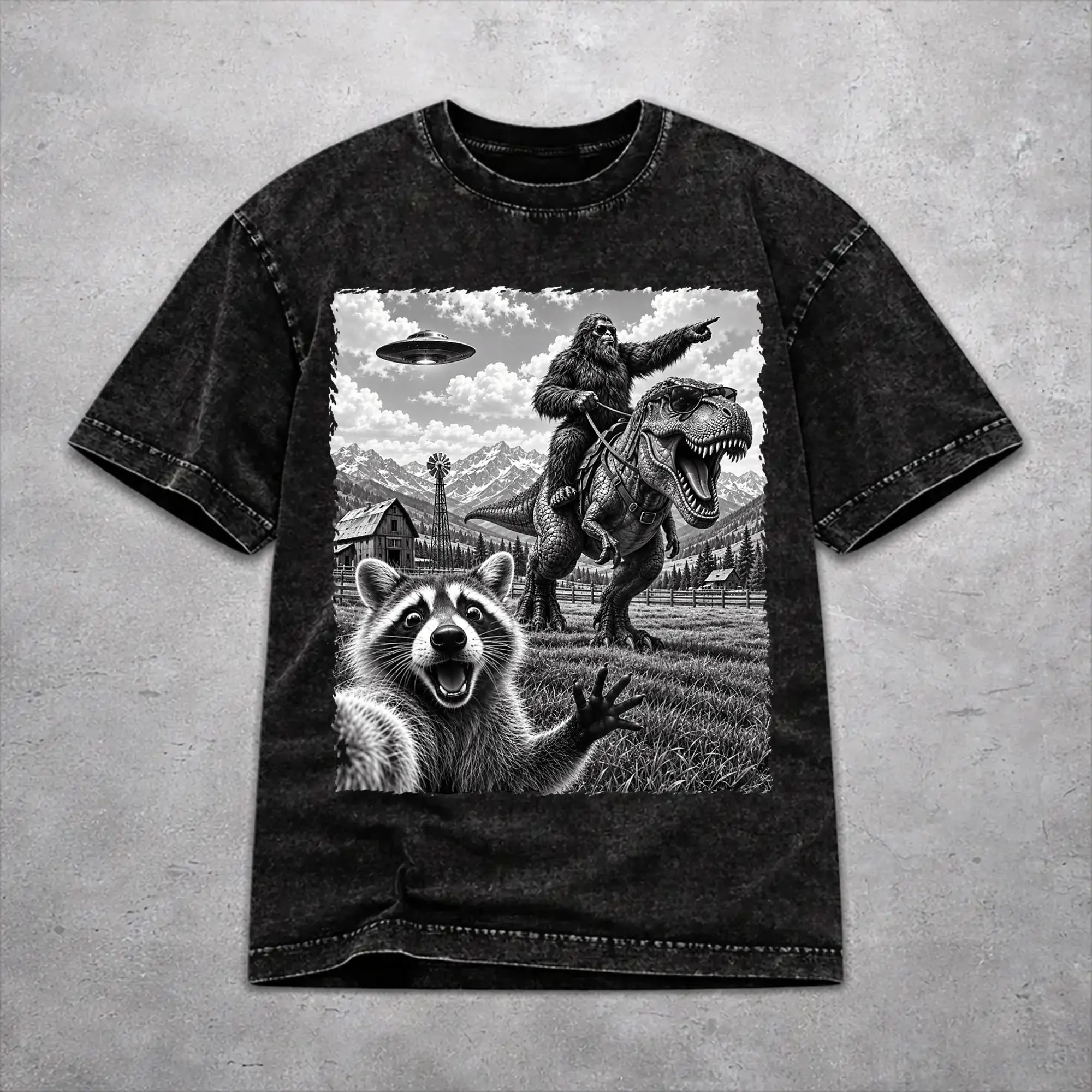 Men Women Vintage Washed T-shirts Funny Bigfoot Ride Dinosaur Raccoon Printed T Shirt Outfit High Street  Tees
