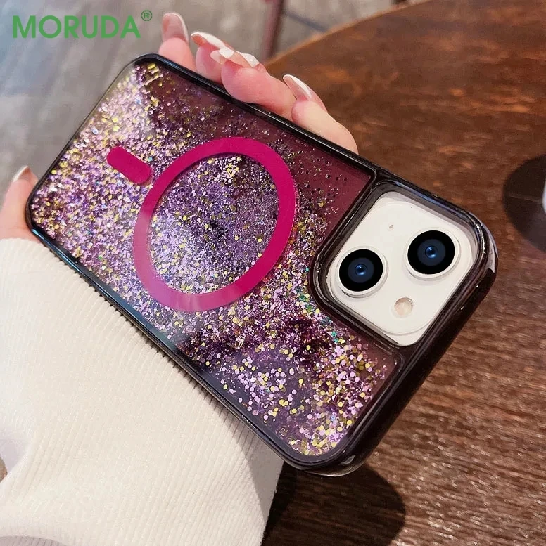 Glitter Quicksand Magnetic Phone Case for iPhone 14 15 ProMax Plus 13 Pro Max Magsafe Liquid Silicone Wireless Charge Soft Cover