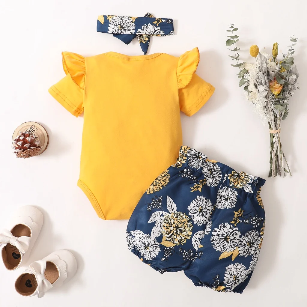 3Pcs Clothes Set Baby Girl Plain Color Ruffle Short Sleeves Bodysuit+Floral Short+Headband Lovely Summer Costume for 0-18 Months