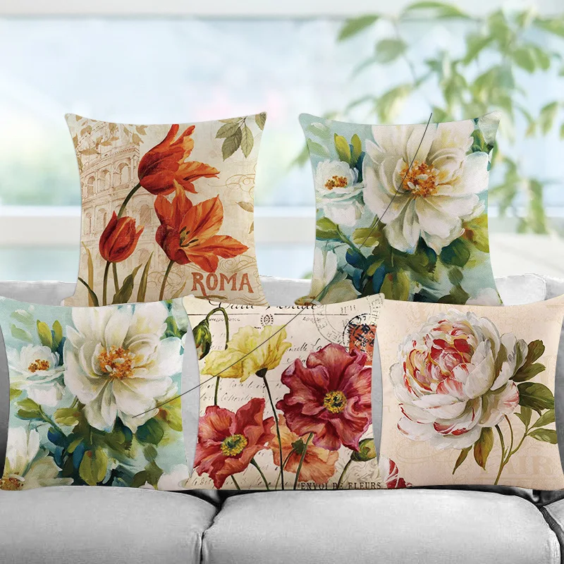 Colorful Flower Cushion Sunflower Rose Dandelion Decorative Pillows Decoration Pillowcase For Car Home single printed 1PC(