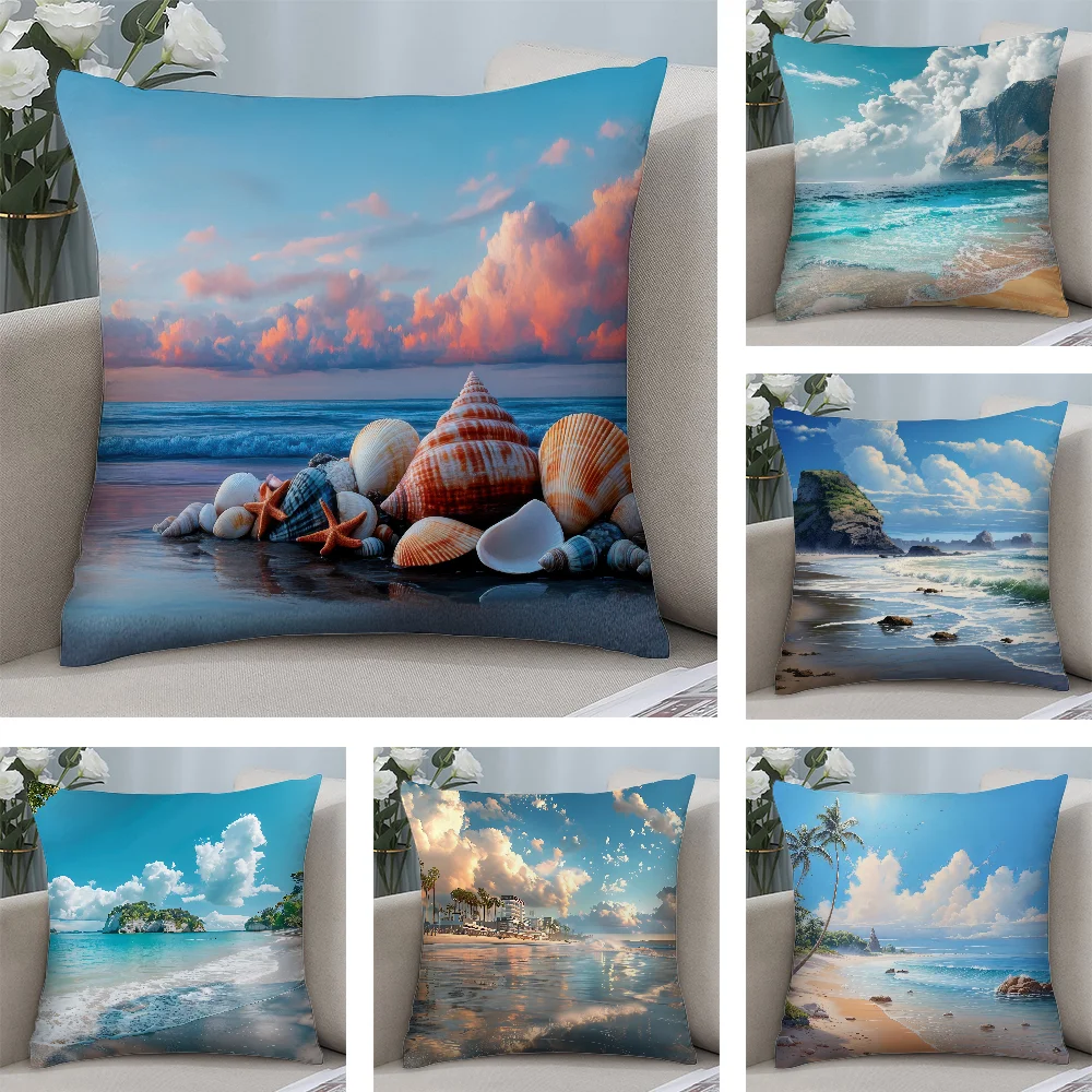 

Beach Landscape Print Pillow Case Short Plush Pillow Covers Sofa Decorative Gift Home Double-sided Printing Cushion Cover