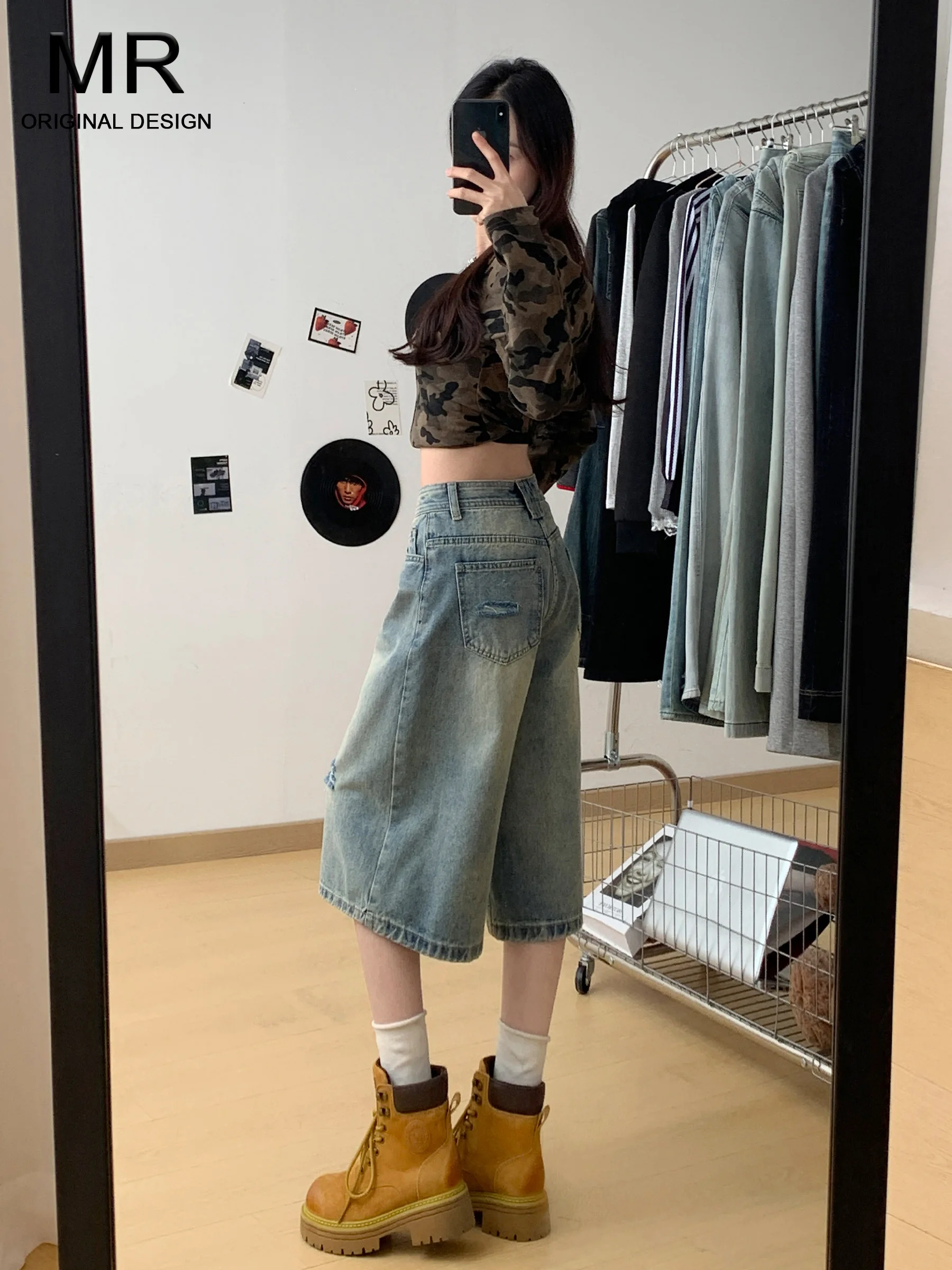 

Light Blue High Waist Denim Seven-Quarter Shorts Women's Loose Thin Outerwear Hole Middle Pants Spring New Style Jeans