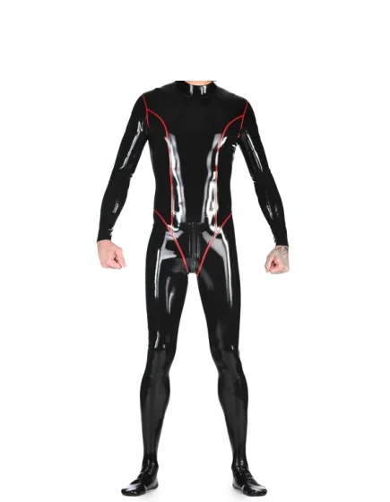 

New Arrival Latex Catsuit With Red Body Line Latex Rubber Coveralls Sexy Male Female Bodysuit Attached Feet Socks