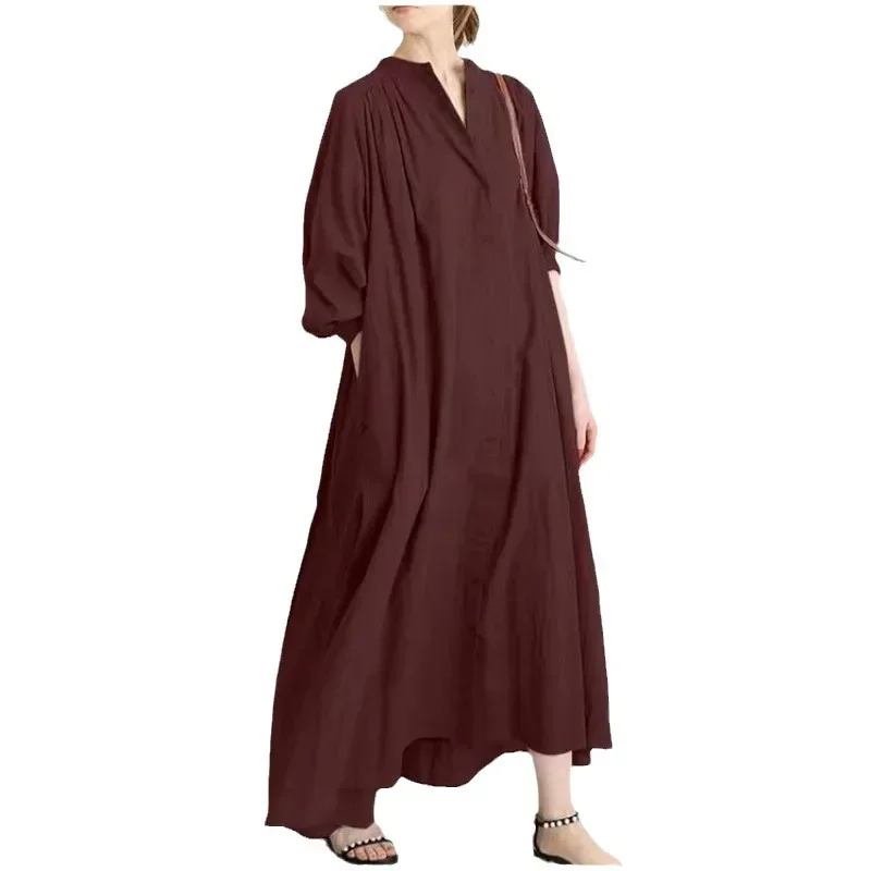 Loose Large Size Shirt Dress Knee-Length Open Cardigan Cotton Linen Base Shirt Elegant Long Sleeve Women's Dress