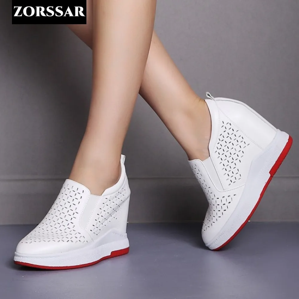 

Genuine Leather Womens Height Increasing Vulcanize Shoe Summer Hollow Breathable High Brand Comfy Platform Women Chunky Sneakers