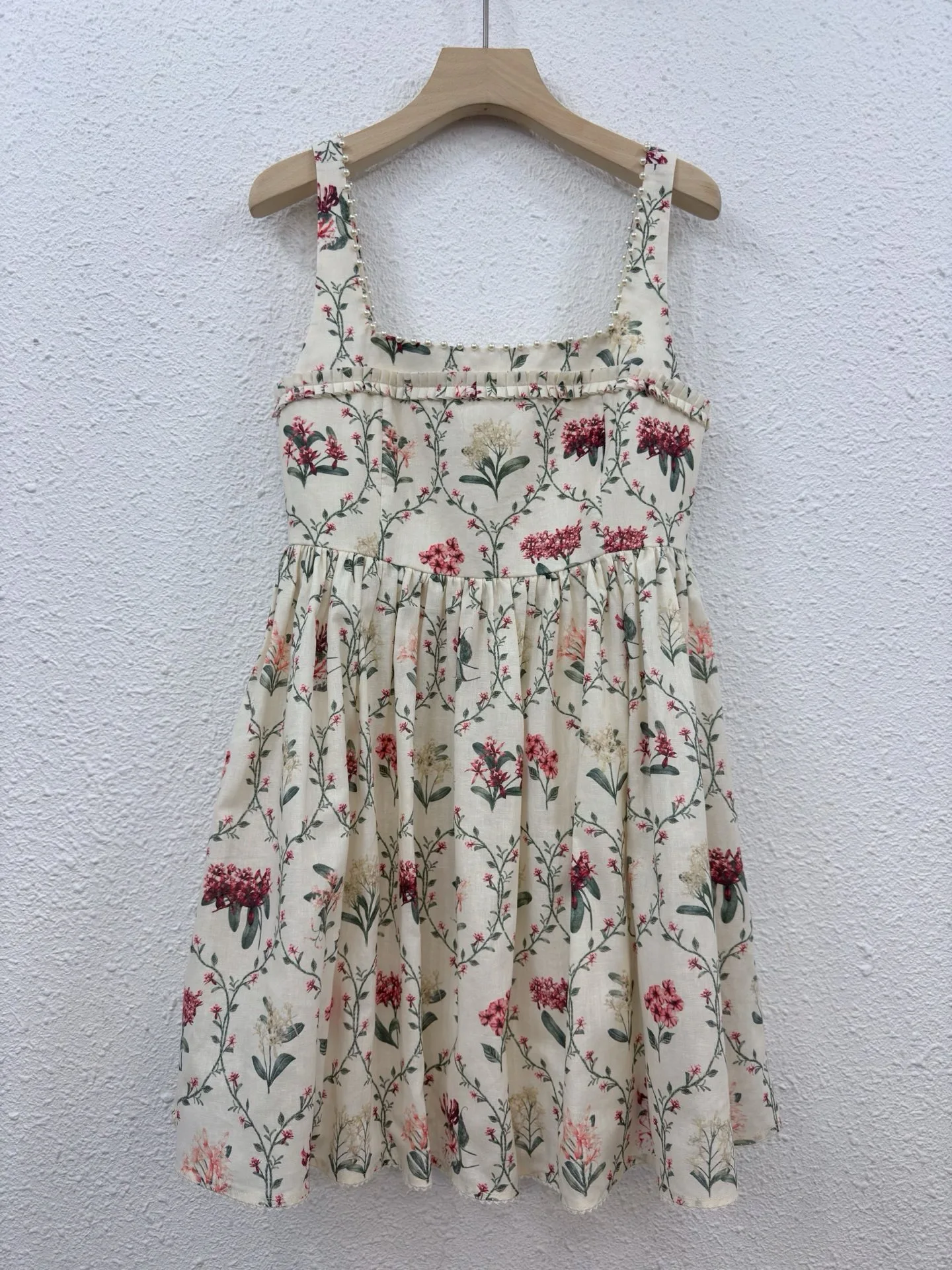 

100% Linen Pink Floral Spaghetti Strap Mini Dress Women Square Neck Scalloped Hem Summer Babydoll Sundress High Quality Sweet