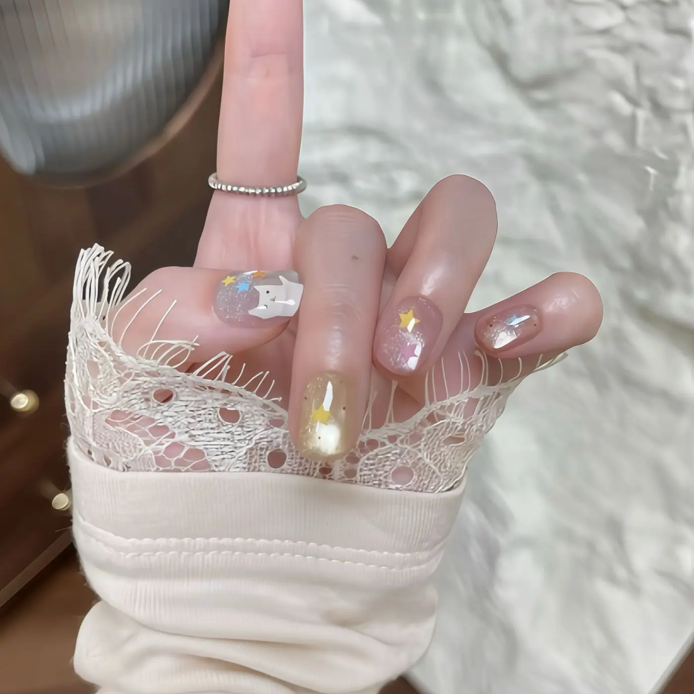 10pcs Pink Blue Yellow Cute Cat Star Press On Nails Reusable Glitter Cat Eye False Nails Easy Apply Kawaii Fake Nails For Women