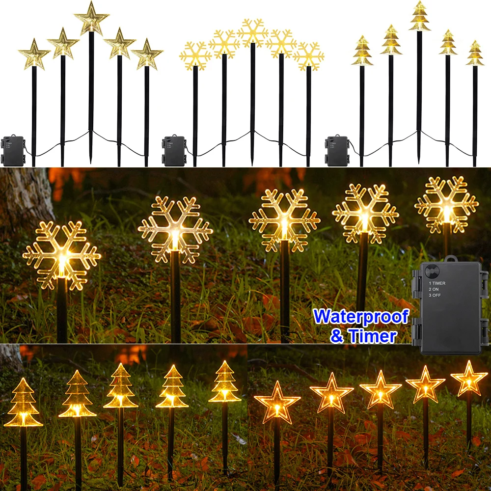 Outdoor Garden Lawn Lights Waterproof Timer Battery Christmas Decoration Pathway Lights Snowflake Xmas Tree Star Stake Lights