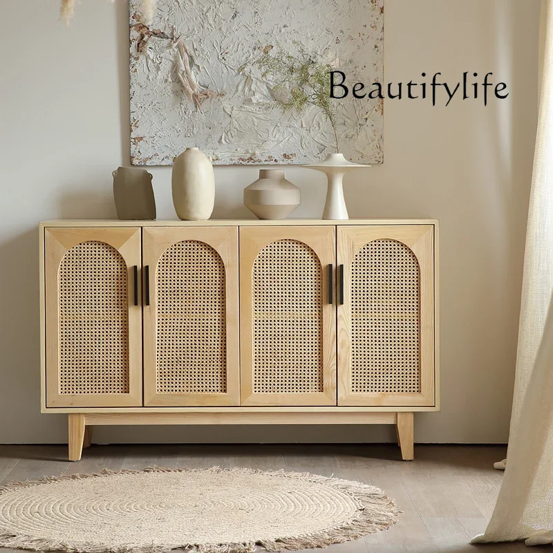 Nordic dining side solid wood home living room home shoe cabinet simple rattan storage wabi sandy wind B & B light luxury