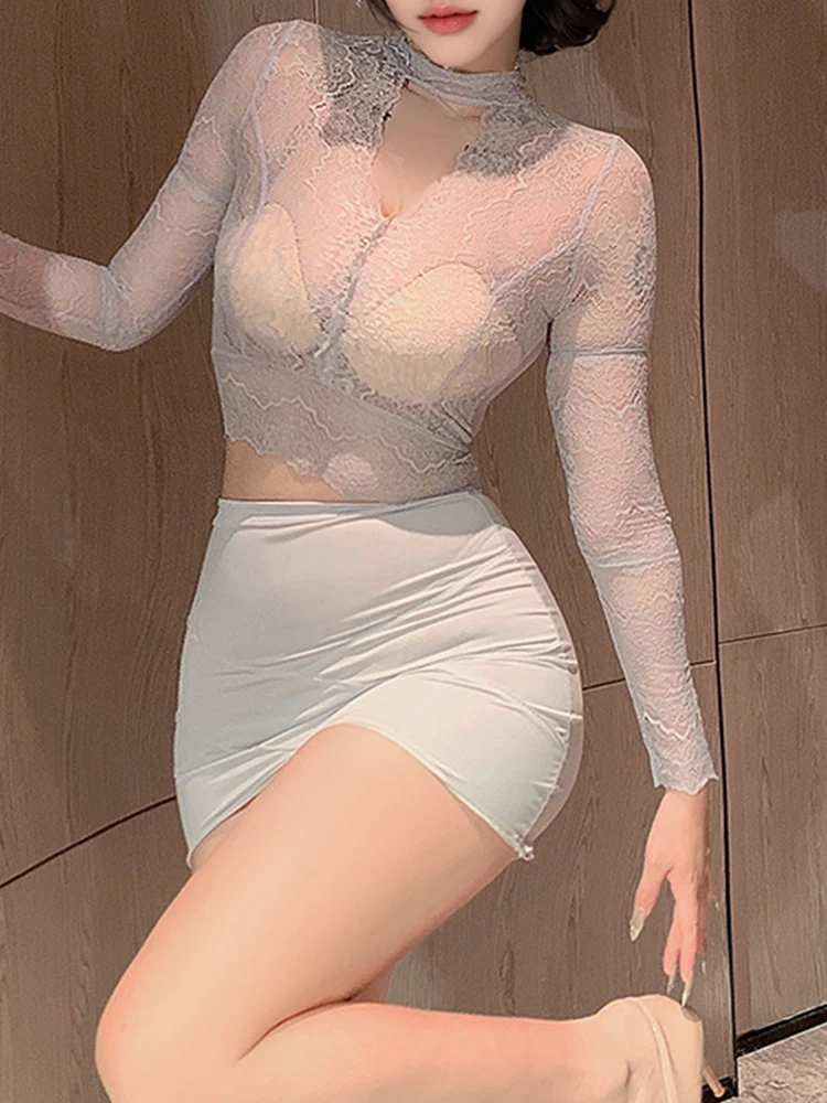 

18+xxx Pure Desire Deep Vl Lace Secretary Uniform Hip Wrap Skirt Temptation Sexy Perspective Underwear Female Set very hot