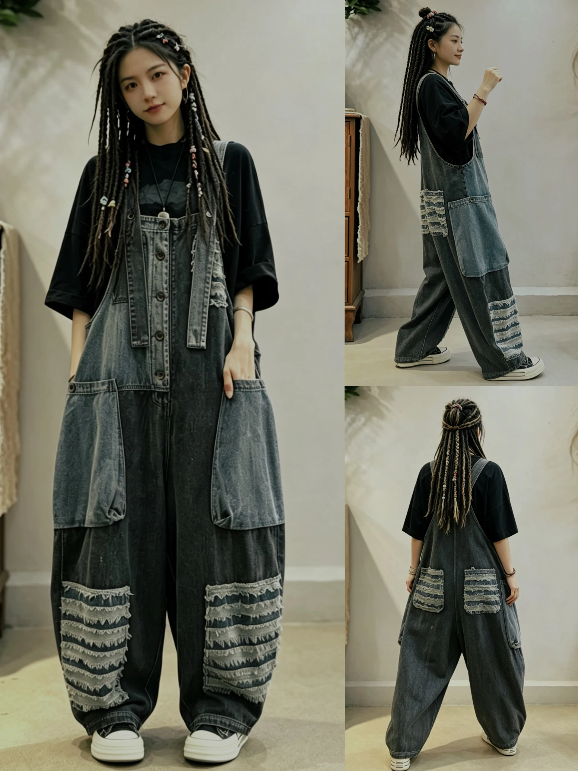 Retro Distressed Patchwork Denim Overalls Women's Loose Casual Personalized Halter Long Pants Vintage Style Workwear Cotton