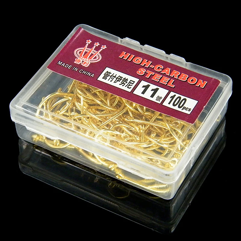 【Lustig】 100 Stück Box Goldfarbe mit Ringrohr Pay Iseini Haken Meer Angelhaken aus Kohlenstoffstahl mit Widerhaken
