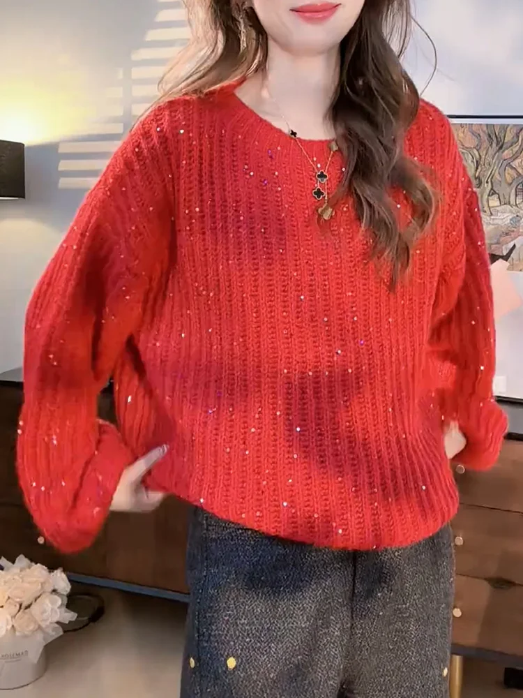 

Свитер Ele Lazy Sle с круглым вырезом и блестками, свободного кроя, осенняя новинка, большие размеры, комфортный универсальный топ