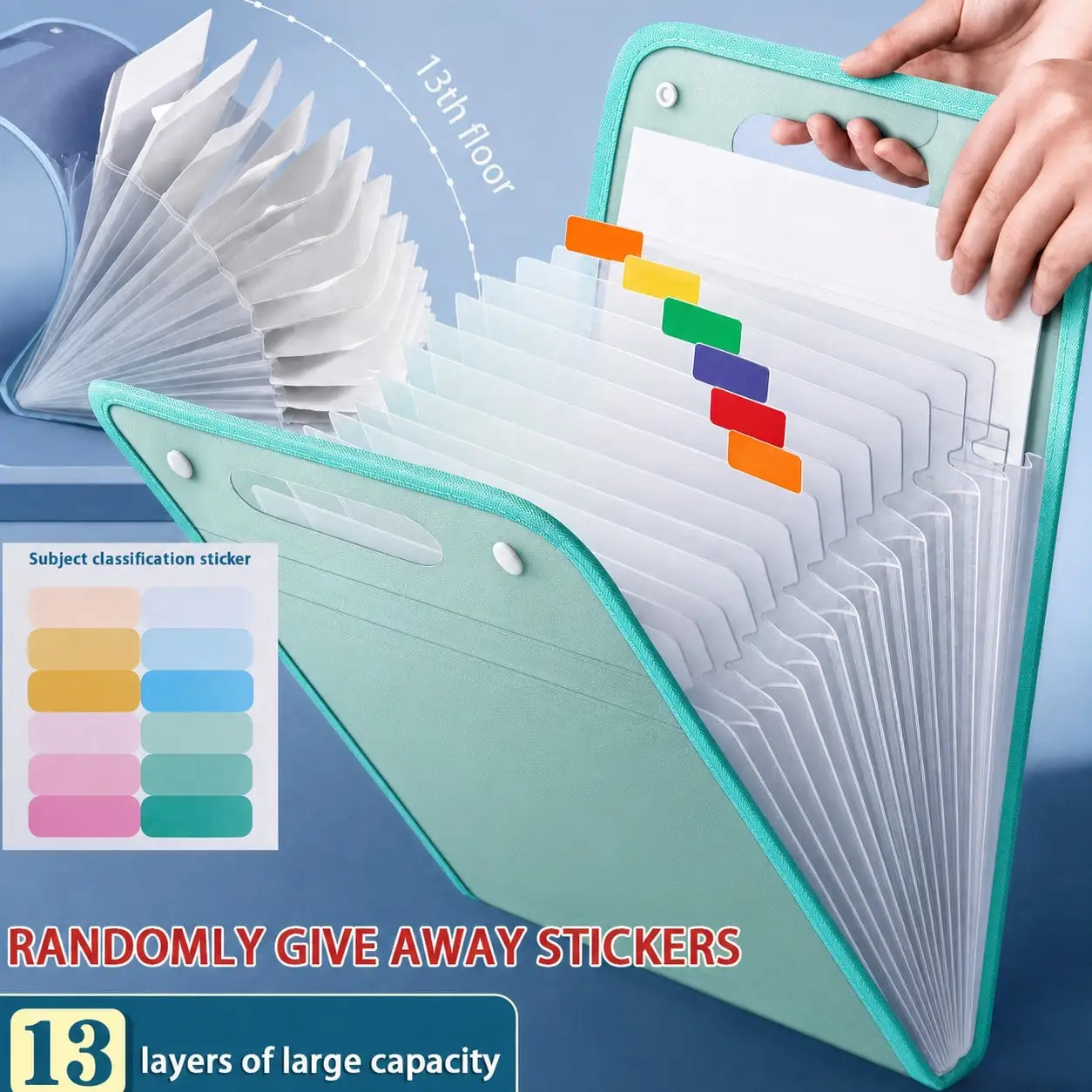 1. Organizador portátil de carpetas con capacidad para archivar documentos, con 13 compartimentos y gran capacidad para guardar documentos en formato A4. Fabricado en plástico PP resistente con asa ergonómica. Disponible en color azul celeste y rosa, ideal para la oficina, la organización del hogar y como organizador de documentos de escritorio. Moderna bolsa para archivos, modelo SH25091299773413763.