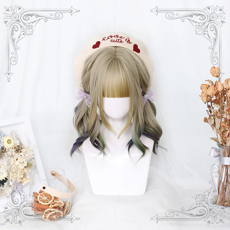 Female Medium-Length Wavy Curly Golden Bangs Wig Hair Tail Colorful Gradual Change Women Wigs Lolita Cosplay Party