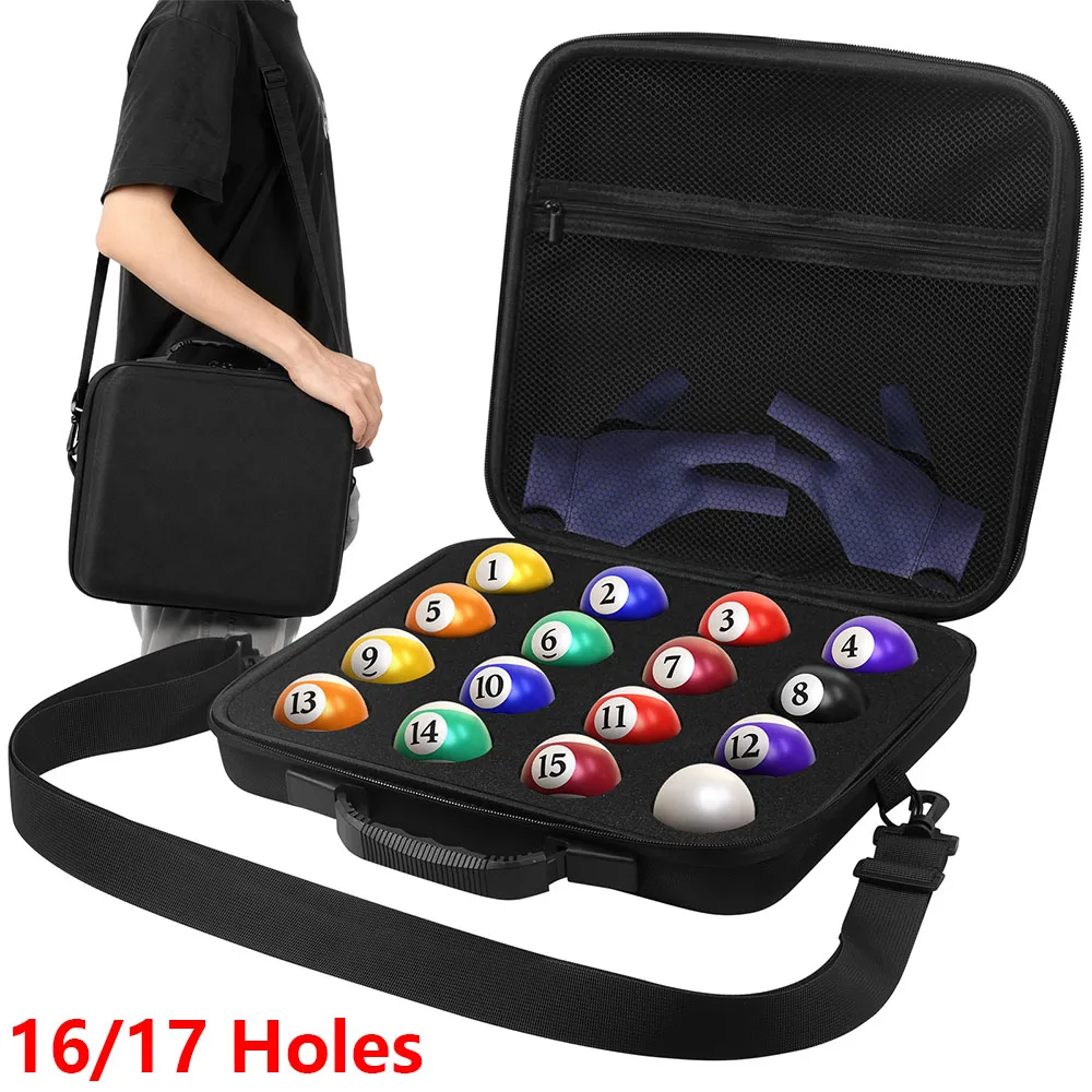 

16/17 Holes Pool Ball Carrying Case Portable Billiard Balls Bag with Handle and Adjustable Shoulder Strap Pool Ball Storage Bag