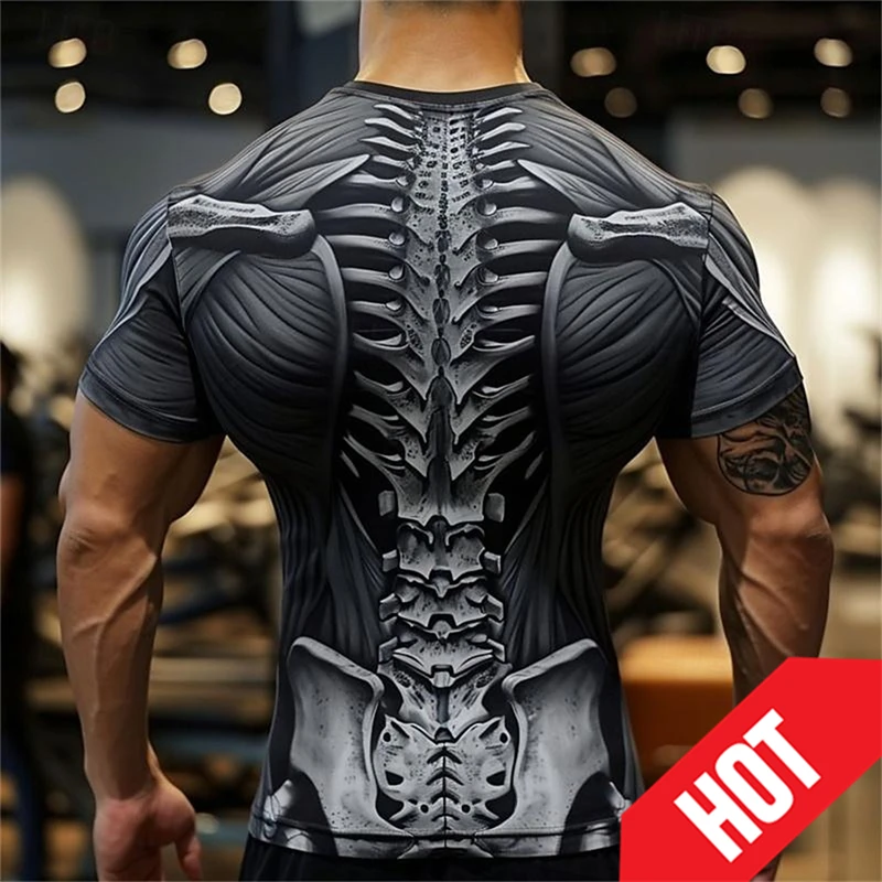 Skull Skeleton Retro Vintage 3D Printed T-Shirt Men Sports Fitness T Shirt Short Sleeve Crew Neck Shirt Y2k Helloween Costume