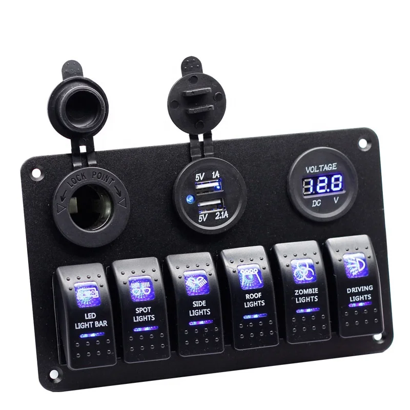 6 Gang Rocker With Dual USB Charger Cigarette Lighter Socket 12-24V DC LED Marine Switch Aluminum Panel