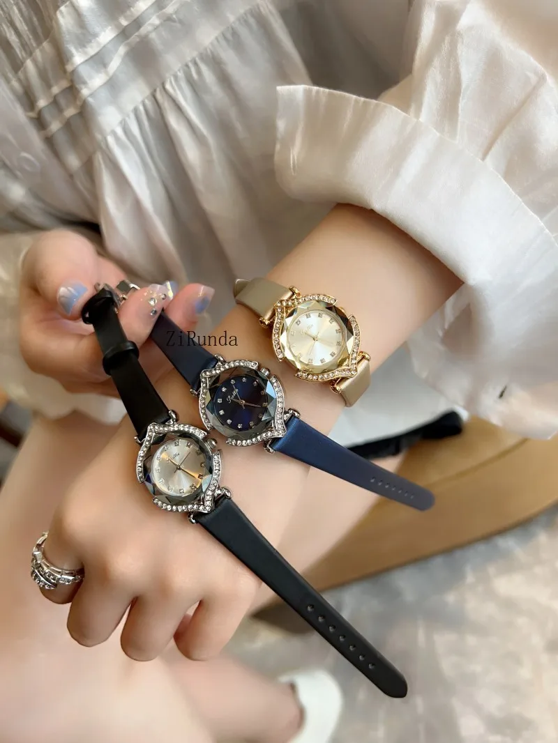 ساعة جديدة مدمجة وأنيقة بحزام من المشمش الناعم، ساعة كوارتز للسيدات سطح قشرة مقطوعة بالكريستال #6