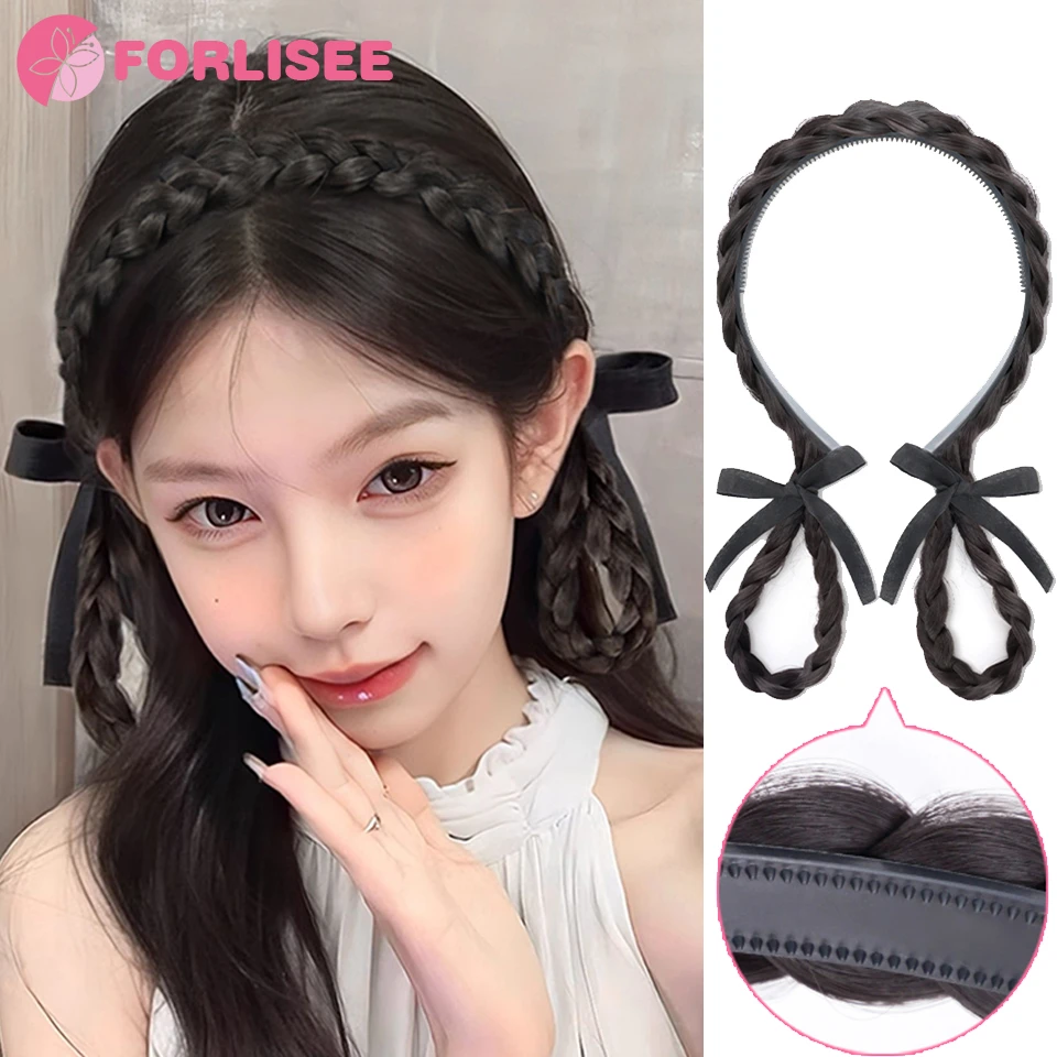 

FORLISEE Synthetic Bun Wig Bow Ear Rabbit Headband Style Braid Double Bun Braided Headdress Wig Bun