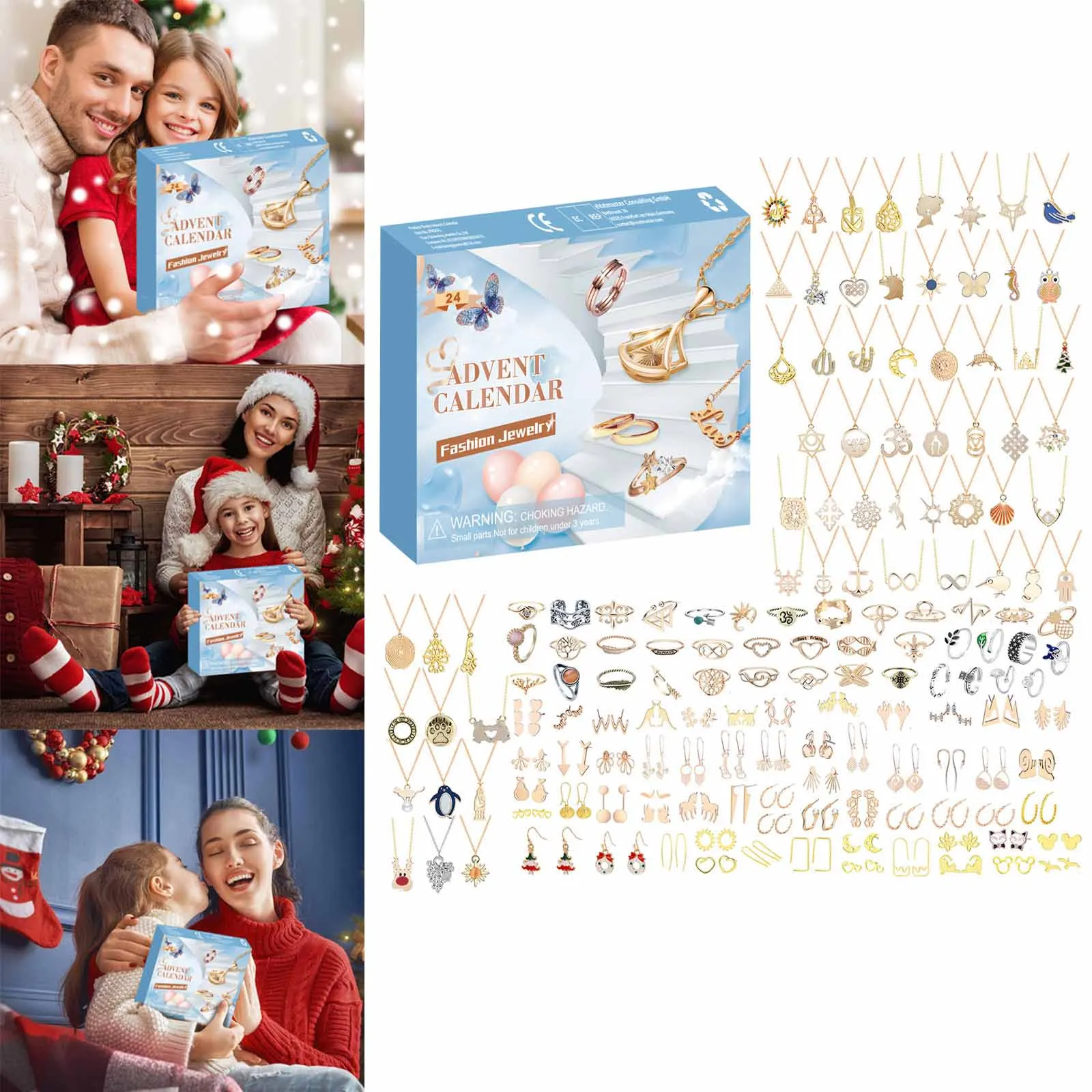 Minuterie d'étude, compte à rebours mignon, calendrier de l'avent de noël pour enfants, ensemble de bijoux, bague, collier, boucles d'oreilles, minuterie de sable de salle de bain 24 pièces