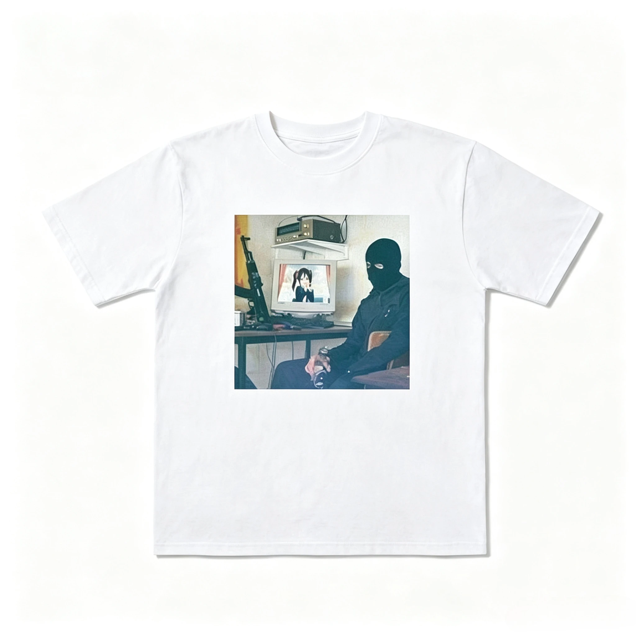 Vintage Retro Masked Figure Anime Monitor Meme T Shirt 90s Old Photo Graphic Tee Men Women Aesthetic Streetwear Short Sleeve Top