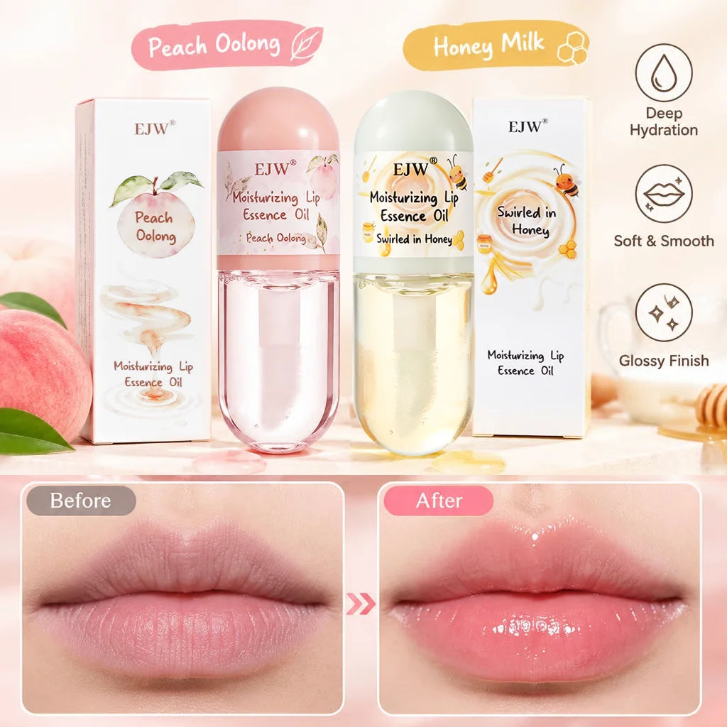 Moisturizing Lip Essence Oil Glossy Peach Oolong Tinted Lip Gloss Non-Sticky Hydrating Lip Oil Plumping Lasting Reduce Fine Line