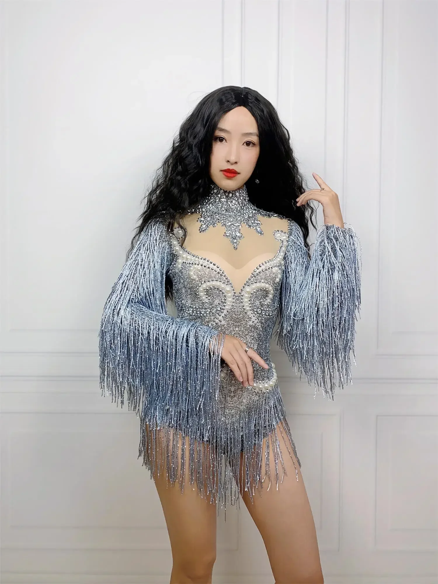 Fashion Gray Tassel Sparkling Crystals Bodysuit Women Sexy Singer Dancer Stage Wear Costume Nightclub Clothed Party Girl Leotard