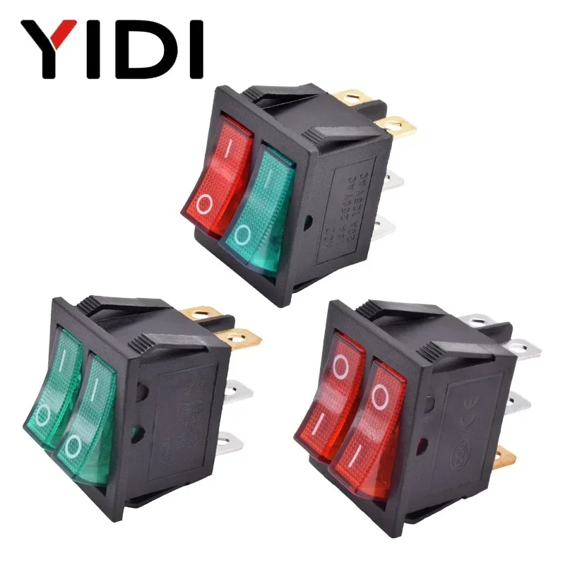 KCD6 Illuminated Plastic Rocker Switch Dual Push Button Boat 6 Pin 12V 220V Red Green Lamp On Off Power Switch Latching 16A 250V