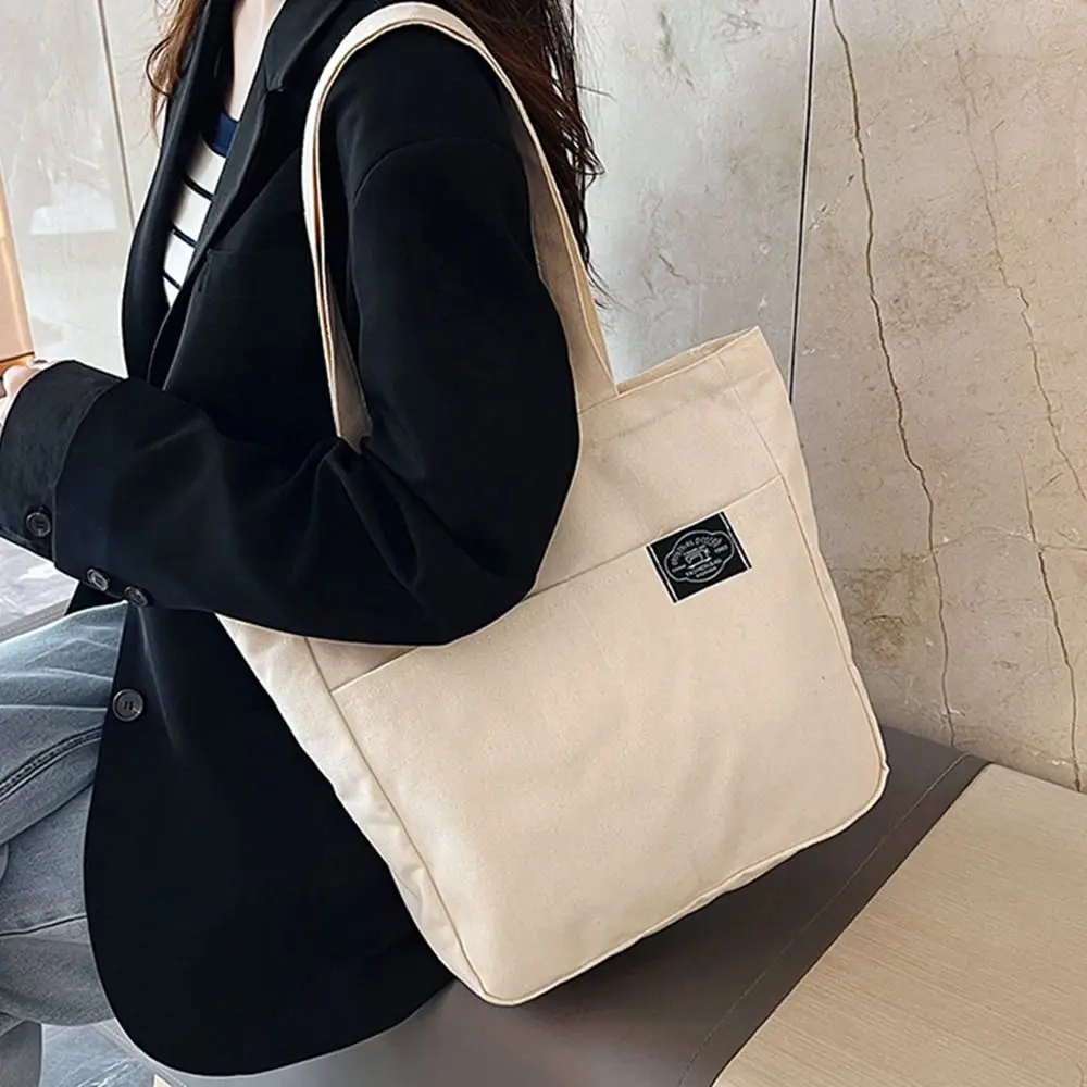 Women Canvas Tote Bag Solid Color Designer Ladies Casual Handbag Shoulder Bag Large Capacity Cotton Reusable Shopping Beach Bag