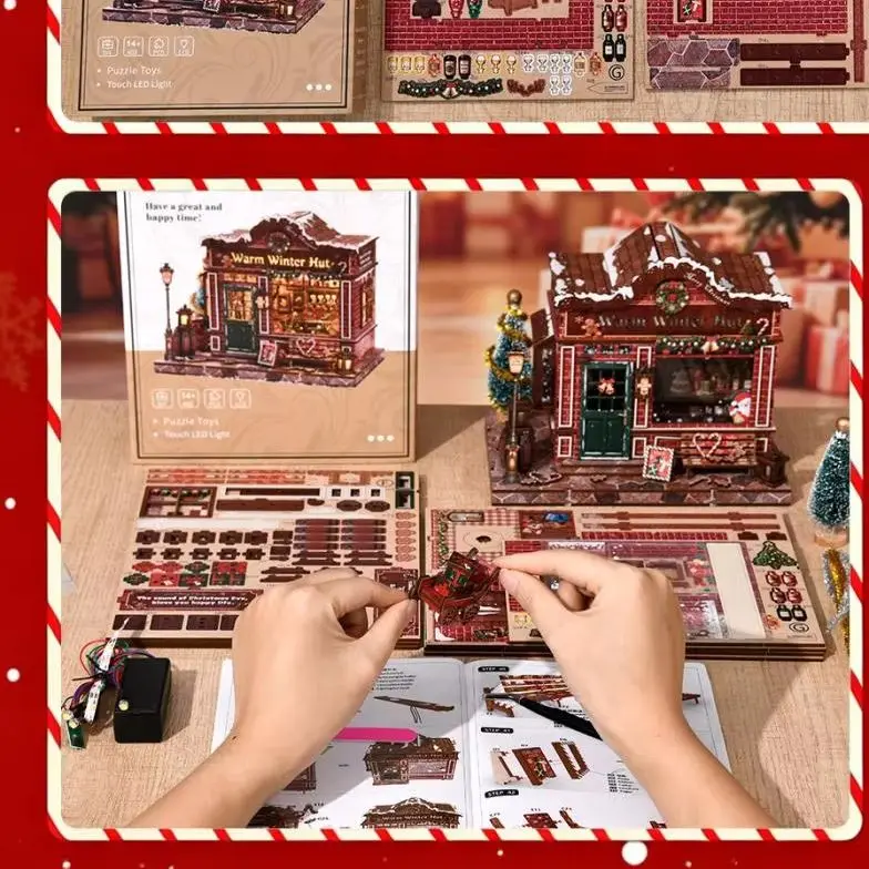 DIY Wooden Toys Christmas Warm Winter Cabin Book Stand with Snowscape Model Assembly Bricks Kit Xmas Handicraft Ornament Gifts