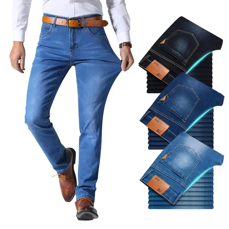 Brother Wang Men's Classic Style Slim Stretch Denim Pants Light Blue Black Business Casual Trousers