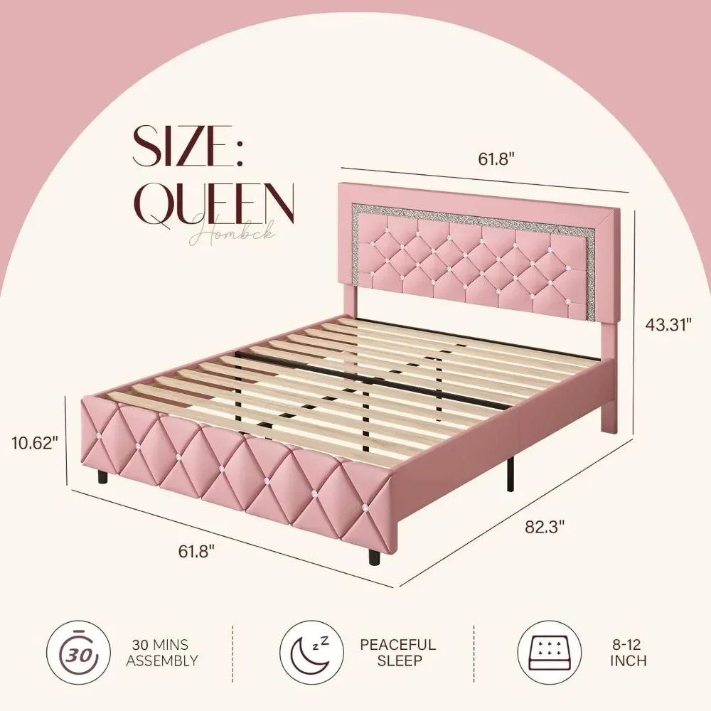 Queen Bed Frame, Upholstered with Diamond Tufted Headboard,,Wooden Slats Support, No Box Spring Needed, Easy Assembly Pink