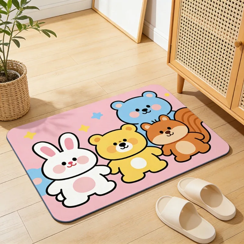 Super Absorbent Diatom Doormat, Kawaii Cartoon Animals Print Non-slip Floor Rug, Easy Clean Mat for Kitchen, Bathroom