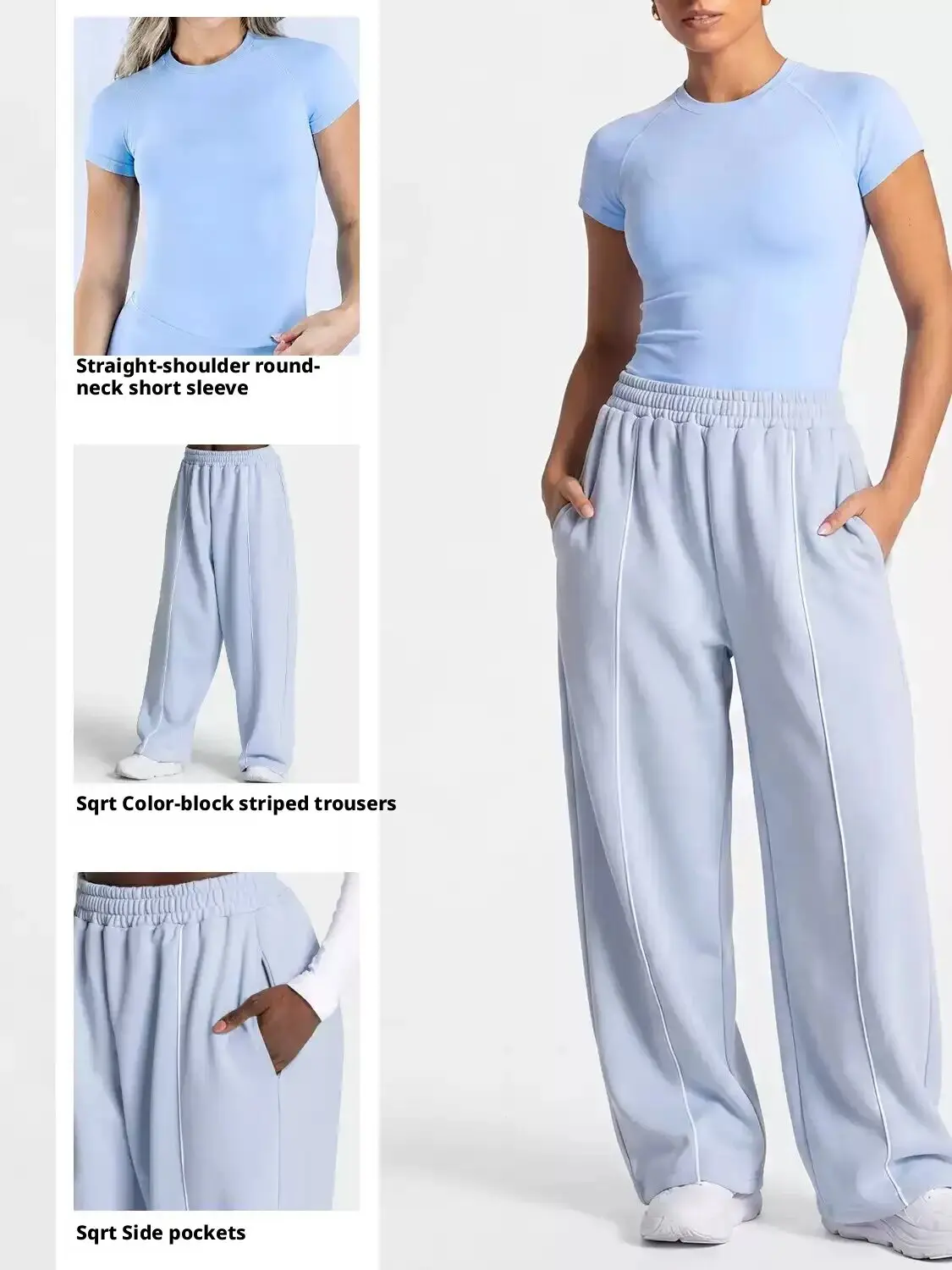 Denyf 2PcS Loose Wide Leg Sweatpants Casual Yoga Sportswear Straight Leg Pants European American Style Short Sleeve Sportswear