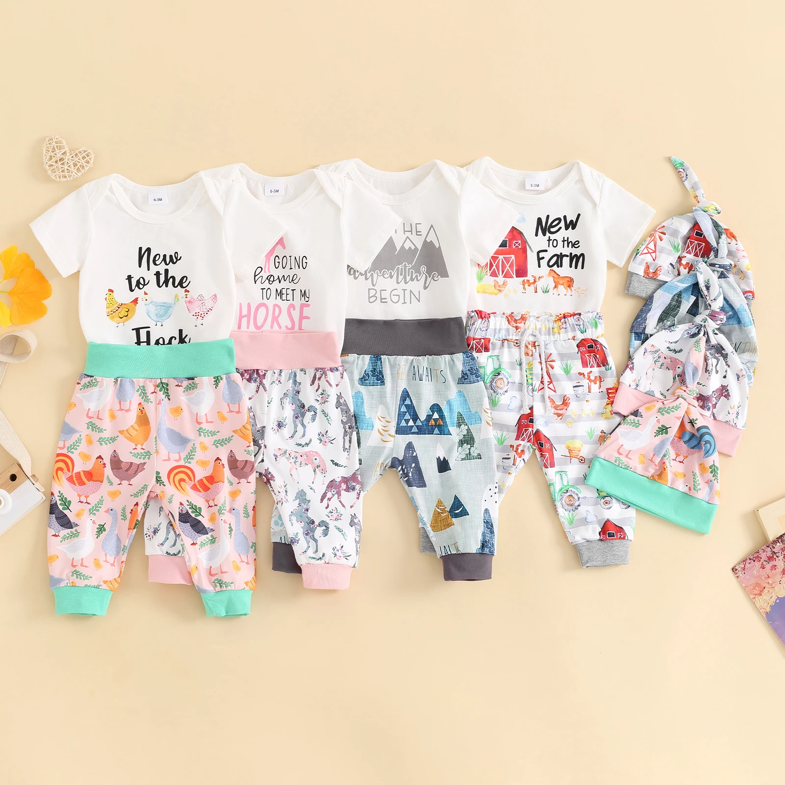 

Baby Boys Girls Summer Outfits Letter Animals Print Crew Neck Short Sleeve Rompers Long Pants Hat 3Pcs Clothes Set