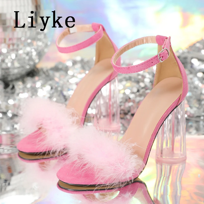 Liyke 2024 Summer Fashion Heart Shaped Transparent Thick Heels Colour Fluffy Feather Women Sandals Elegant Wedding Prom Shoes