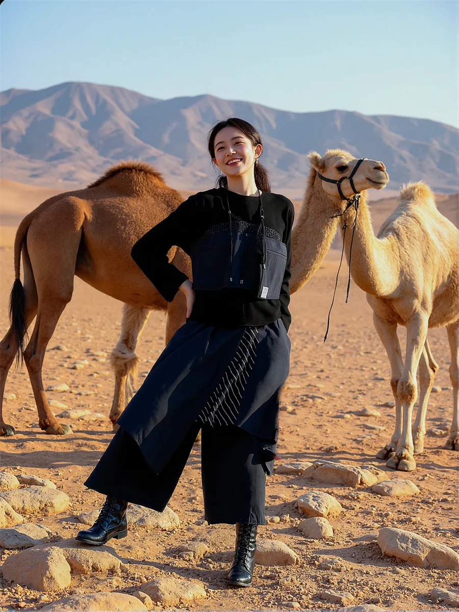 امرأة السراويل جرس أسفل الطبقات سلسلة التفاصيل المرأة منفعل بارد الشارع الشهير أزياء عالية الخصر مستقيم الساق سليم صالح الأسود فاسق #5